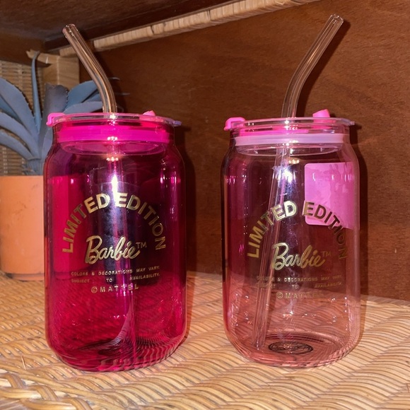 Barbie Drinking Glasses Pink Barbie Glass Cups lids straws Barbie X Dragon 🆕 🎀 - Picture 12 of 13